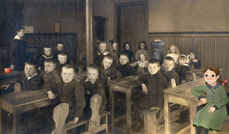 Foto på en skolklass från tidigt 1900-tal. I bilden är den fiktiva flickan Ella inklippt.