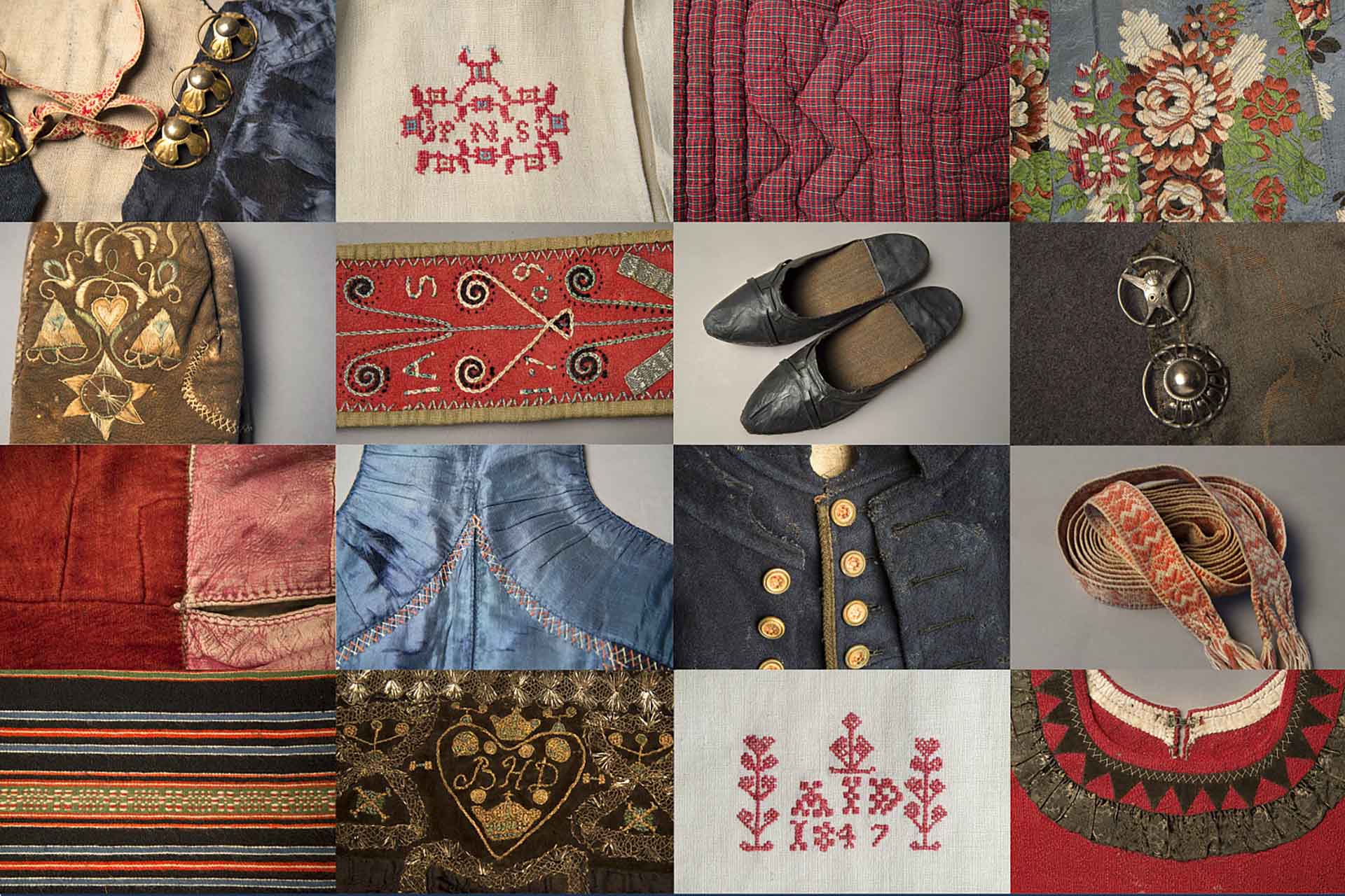 Småbilder av olika klädesplagg och detaljer från klädesplagg.