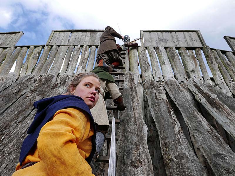 Vikingar gör sig redo att med stege inta borgen.