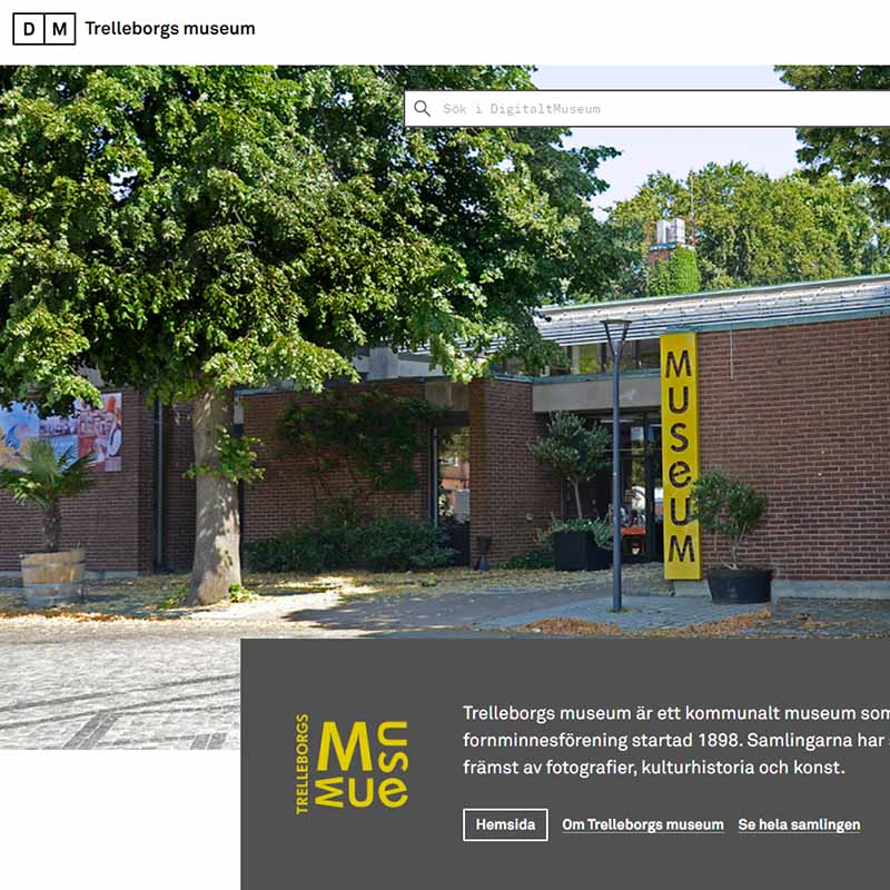 Skärmdump med bild på husfasad av museet och söksida.