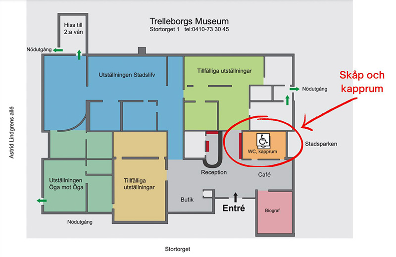 Map of the lower level of Trelleborg Museum highlighting the storage and cloakroom area in red.