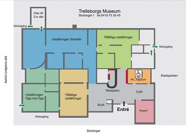 Map of the layout on the ground floor of Trelleborg Museum. The first room has an entrance with the reception straight ahead, slightly to the left. The café is to the right of the reception, and the shop is to the left.To the right of the entrance, there are restrooms, a cloakroom and the cinema."Temporary Exhibition 1" is located to the right of the reception. "Stadslifv", is located to the left of "Temporary Exhibition 1", with an alternative entrance to the left of the reception. The entrance to "Öga mot Öga" is through "Stadslifv". The entrance to "Temporary Exhibition 2" is from "Öga mot Öga" or through the shop to the left of the reception. Emergency exits are located southwest in "Öga mot Öga", northwest in "Stadslifv", and behind the staff passage to the right of "Temporary Exhibition 1".