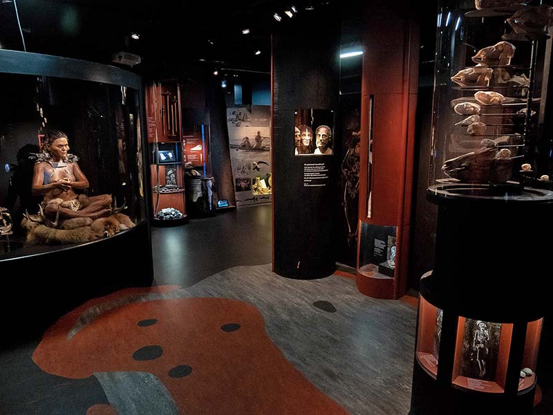 A dark room with black walls and a black floor. There are red and gray shapes painted on the floor. Display cases with objects can be found in the room. There is a sculpture of a seated woman in a display case.