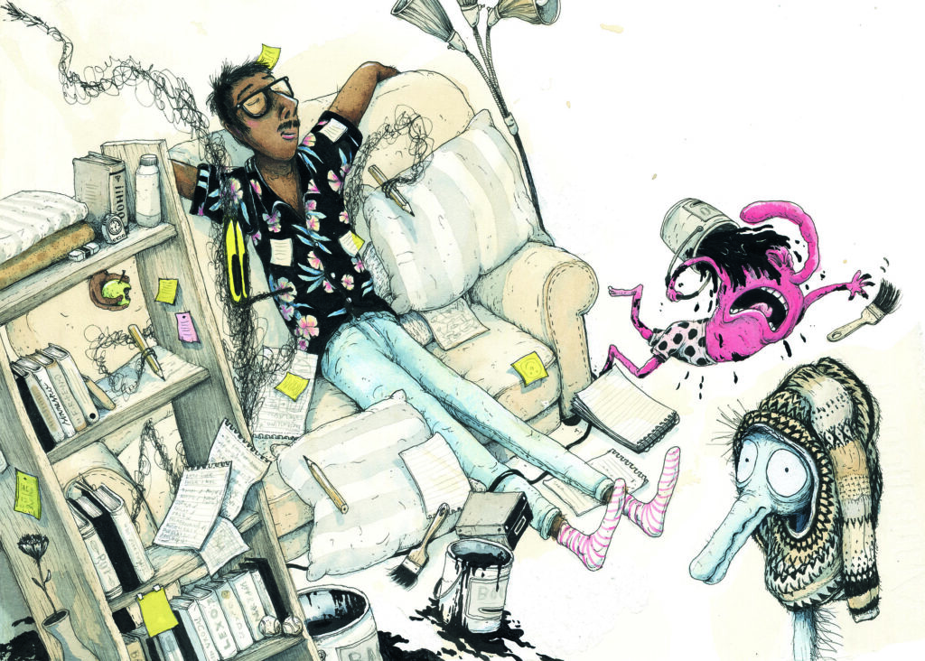 tecking av en man i en soffa och två mystiska figurer, från boken Rädslorna, som Marcus-Gunnar Pettersson har illustrerat.