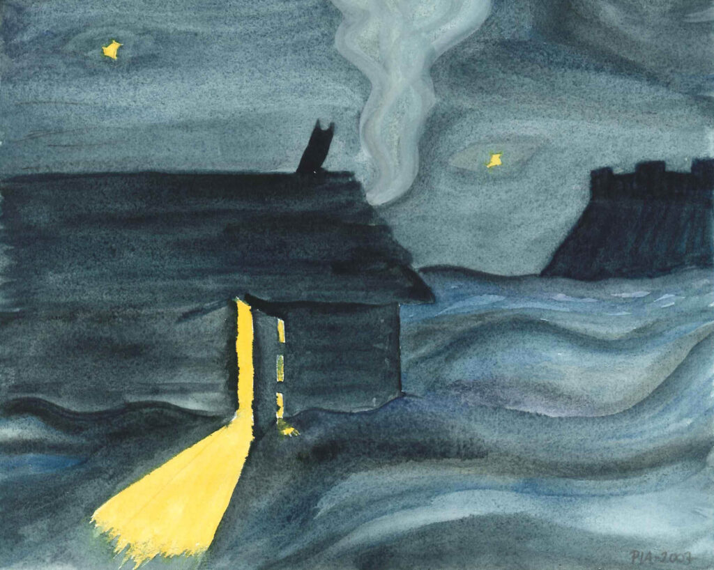 Akvarellmålning i blått av långhuset på Trelleborgen