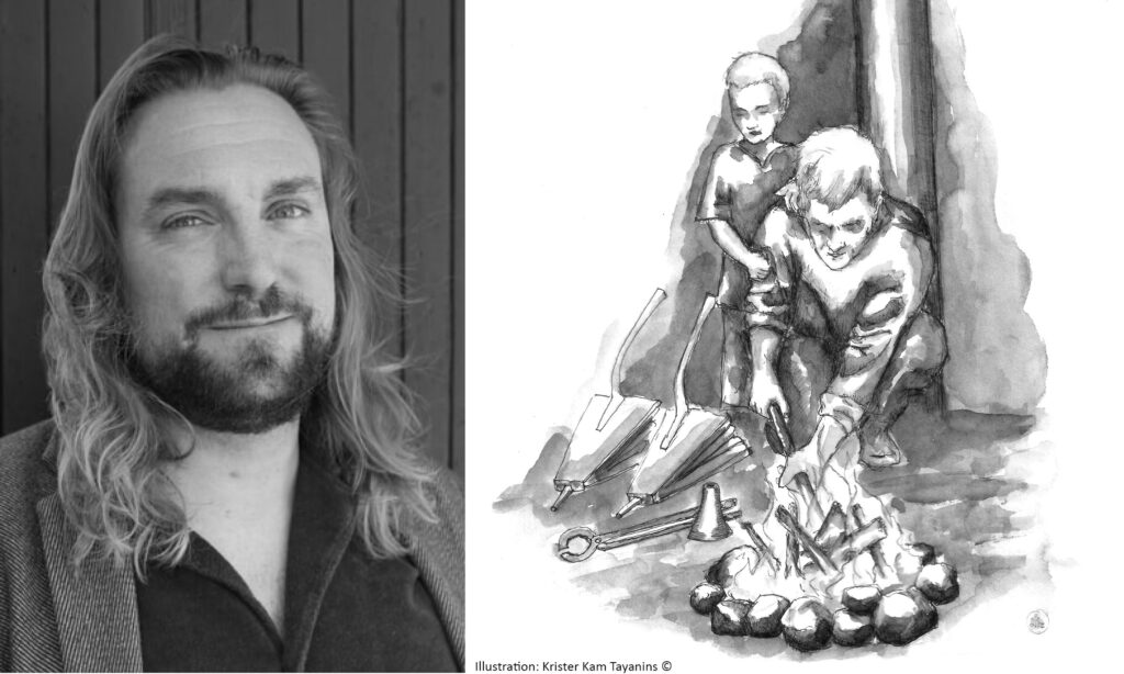 Porträtt av arkeolog Andreas Svensson, och en illustration av en man och en pojke vid en eld.