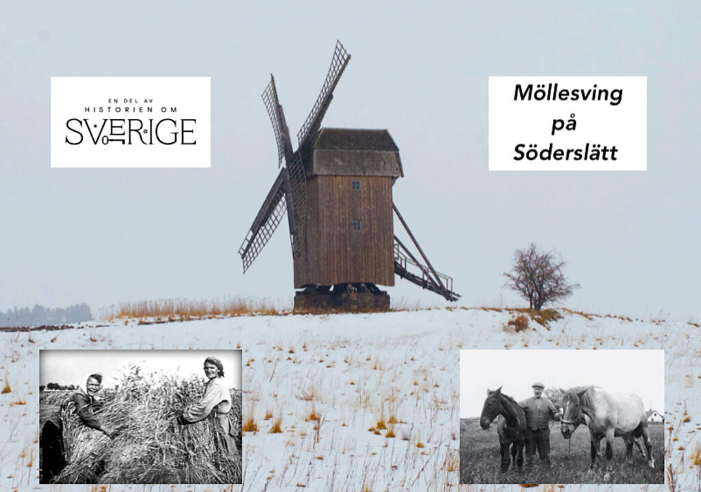 Väderkvarn bortom en snötäckt åker.