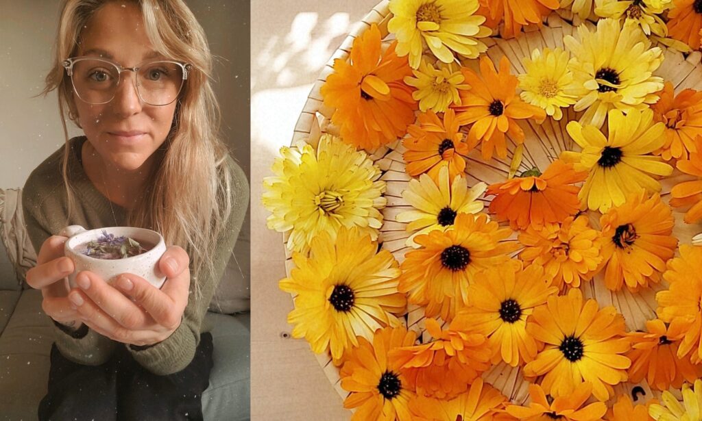 Porträtt av Caroline Matt som håller en tekopp. Halva bilden visar ett fat med gula och orangea blommor.