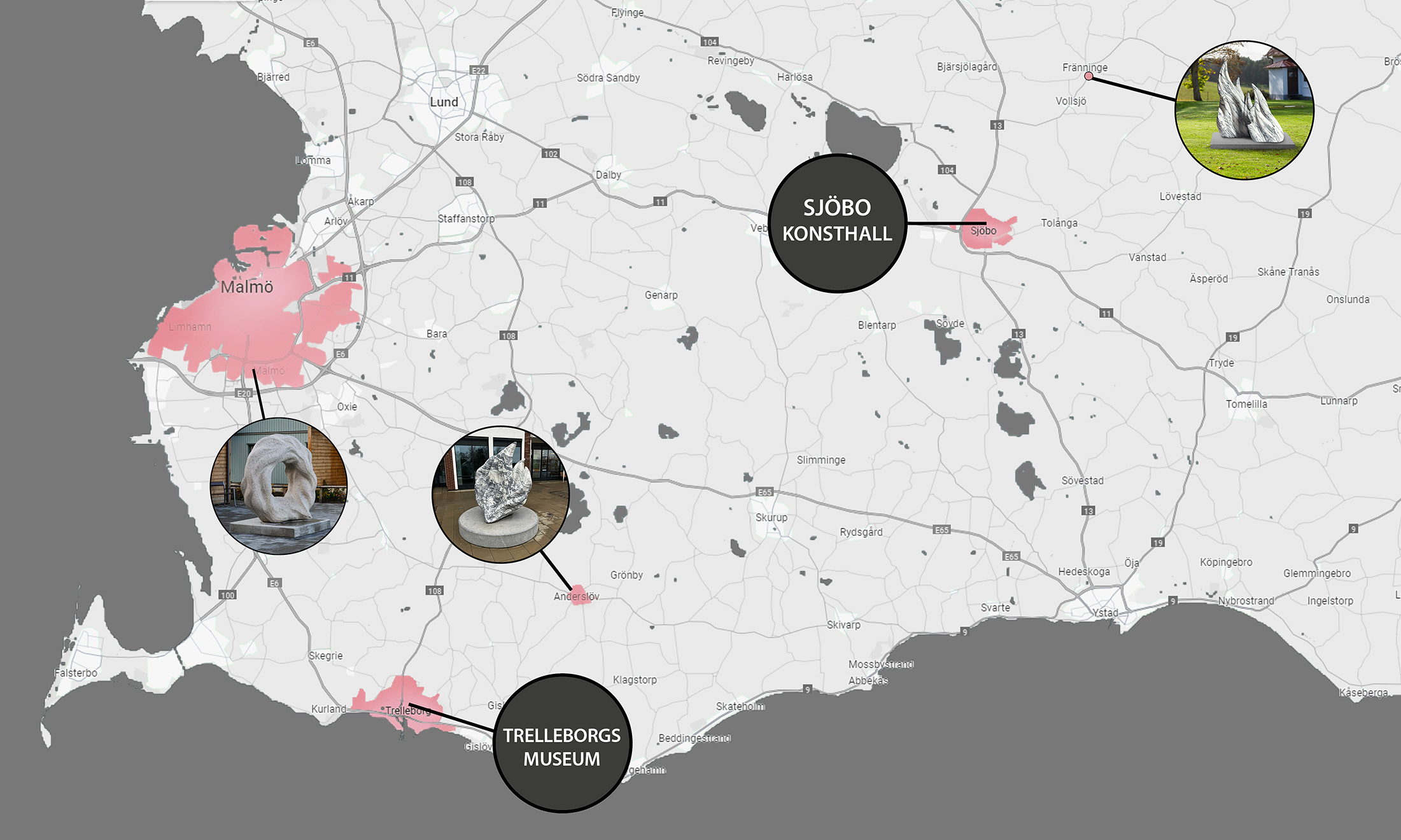 Karta över sydvästra Skåne med platser där man kan se Samaneh Reyhanis konst, bland annat Trelleborgs museum och Sjöbo konsthall.
