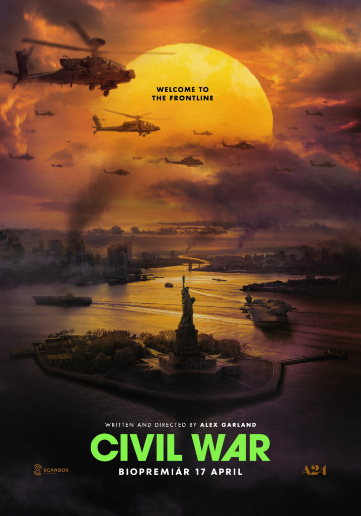Filmaffisch Civil War. Krigshärjad vy Över New York med Frihetsgudinnan i förgrunden och flygande helikoptrar.