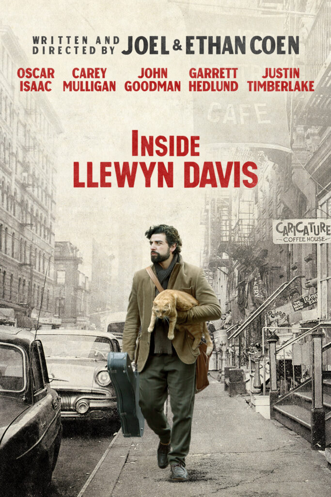Filmaffisch till filmen Inside Llewyn Davis. En man bär på en väska och en katt, höga hus i bakgrunden