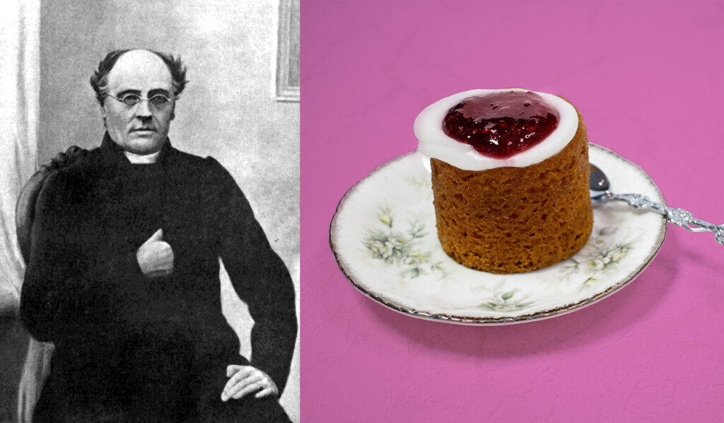 Porträtt av Runeberg och b ild av Runebergsbakelse.
