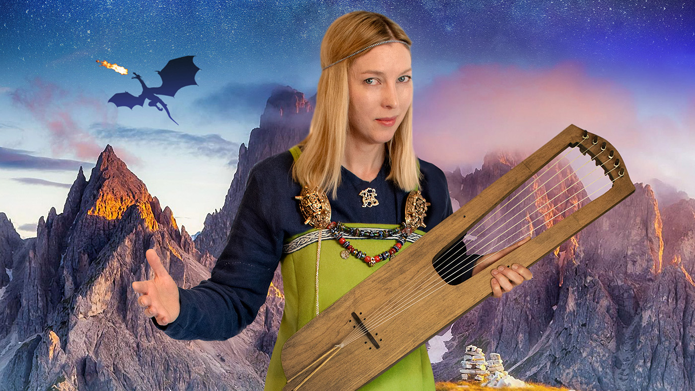 Vikingaklädd kvinna med stränginstrument. En drake flyger på himlen i bakgrunden.