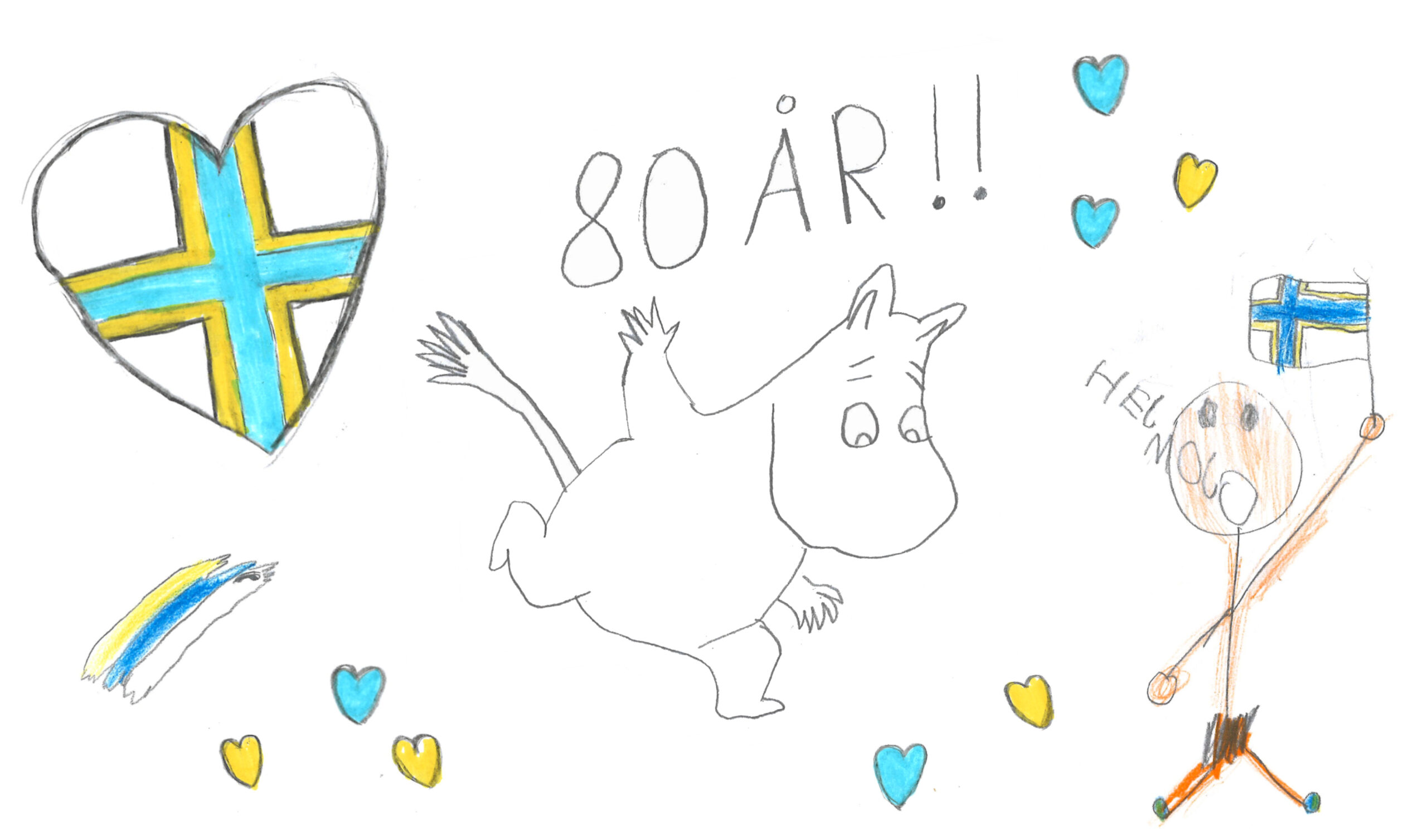 Barnteckning med ett dansande mumintroll, hjärtformad finsk flagga och en pojhke med en finsk flagga
