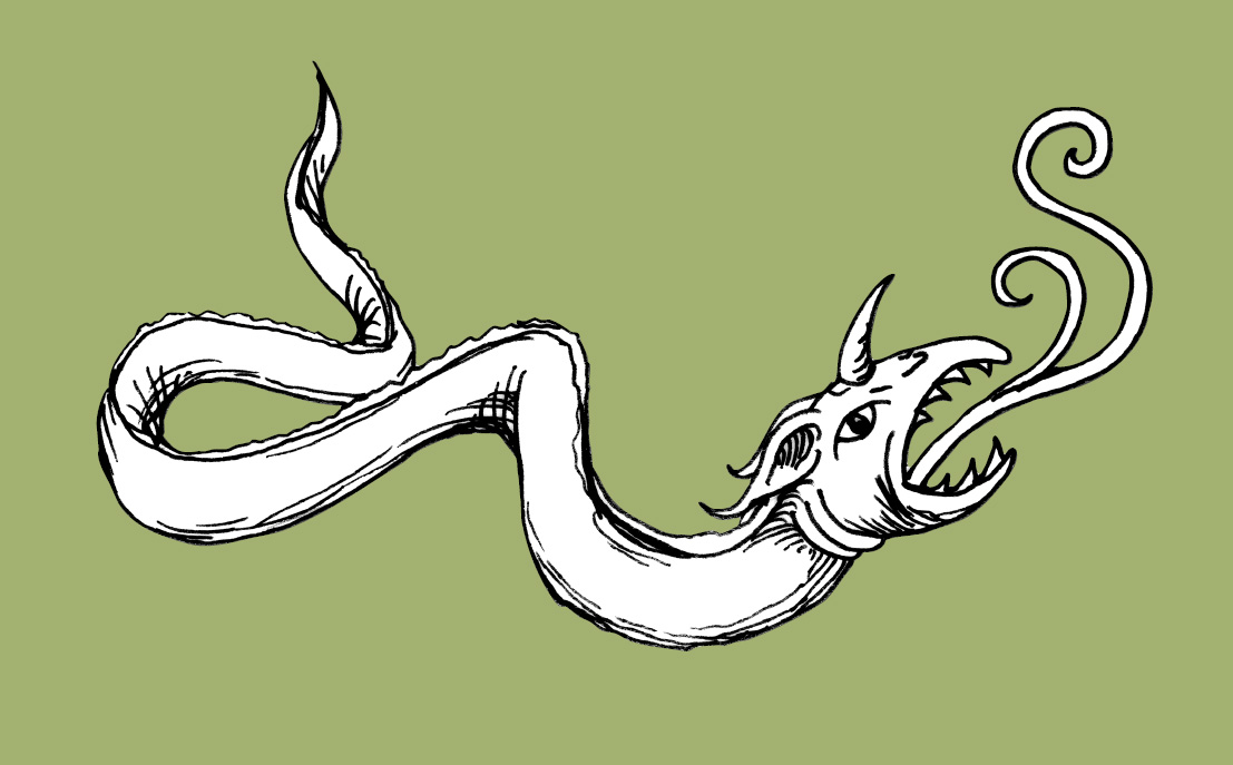 Midgårdsorm. Teckning av vit orm med svatra linjer.