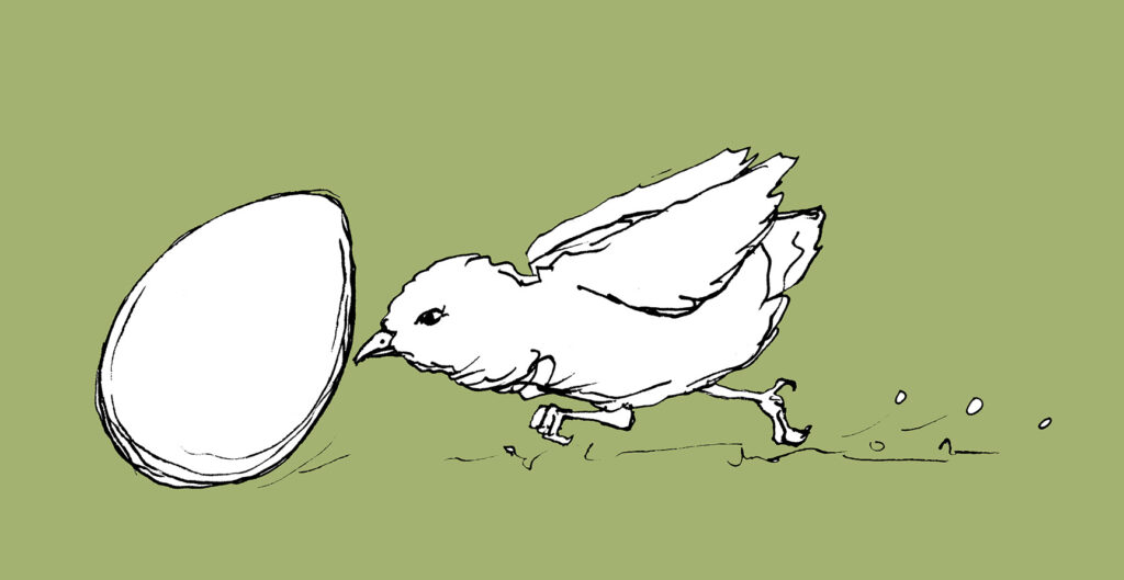 tecknad kyckling puffar på ett ägg med näbben.