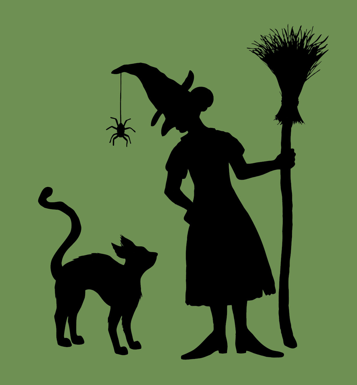 Silhuett av en svart häxa och en katt mot grön bakgrund